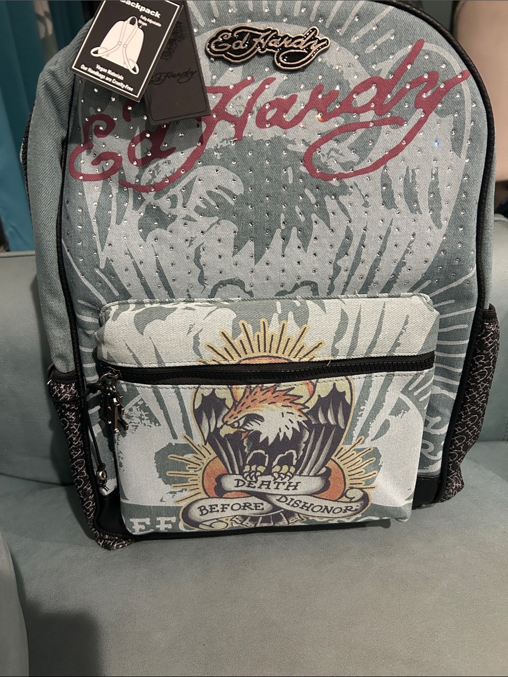 Ed Hardy Teal Graphic Eagle Backpack with Maroon Logo